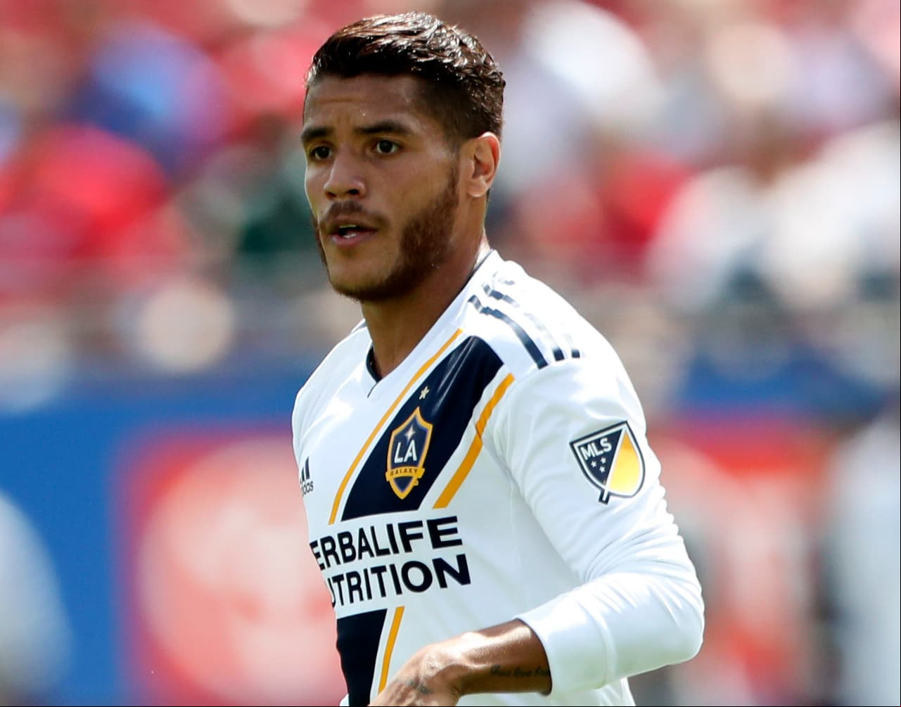 May 12, 2018; Frisco, TX, USA; Los Angeles Galaxy midfielder Jonathan dos Santos (8) in action during the match against FC Dallas at Toyota Stadium. Mandatory Credit: Kevin Jairaj-USA TODAY Sports