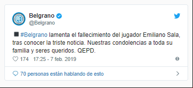 El club Belgrano de Córdoba manifestó su pesar en su cuenta oficial.