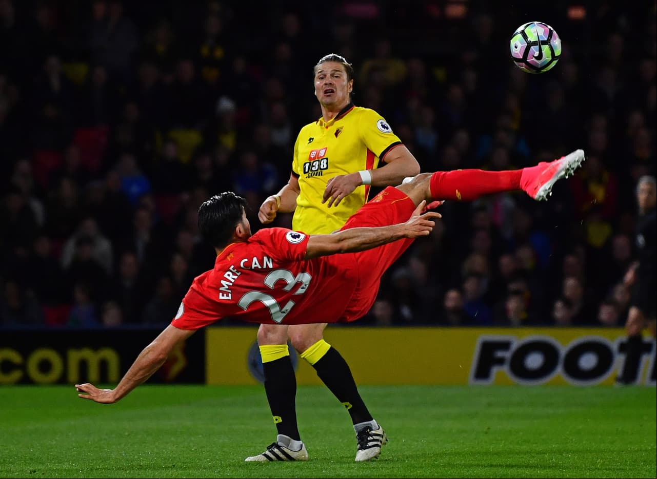 WATFORD, ENGLAND - MAY 01: Emre Can of Liverpool scores the opening goal during the Premier League match between Watford and Liverpool at Vicarage Road on May 1, 2017 in Watford, England. (Photo by Dan Mullan/Getty Images)