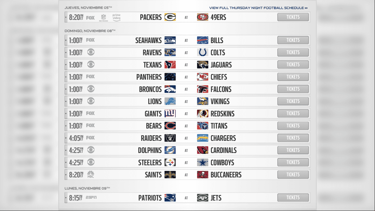 <b>SEMANA 9</b>
<br>- Descansan: Bengals, Browns, Eagles y Rams.
<br>- Segundo duelo entre Brady y Brees en domingo por la noche.