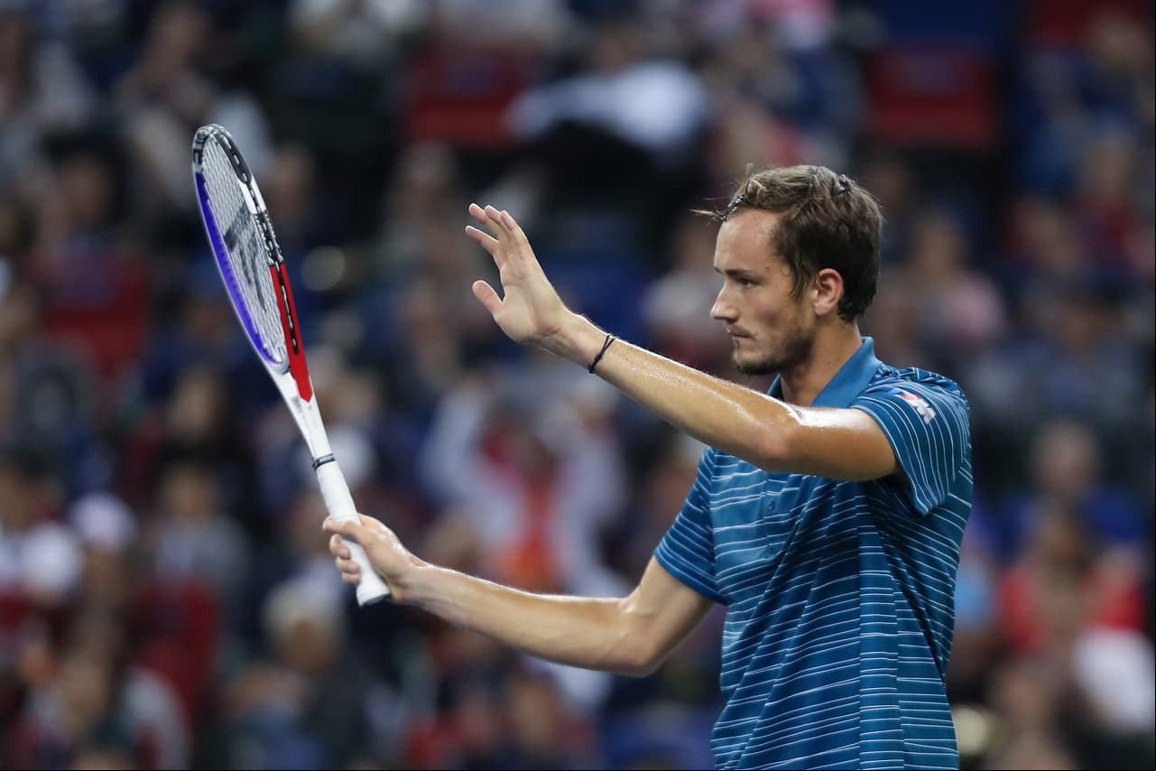SHANGHAI, CHINA - OCTOBER 13: Daniil Medvedev of Russia reacts during the Men's Singles final match against Alexander Zverev of  on day nine of 2019 Shanghai Rolex Masters at Qi Zhong Tennis Centre on October 13, 2019 in Shanghai, China. (Photo by Lintao Zhang/Getty Images)