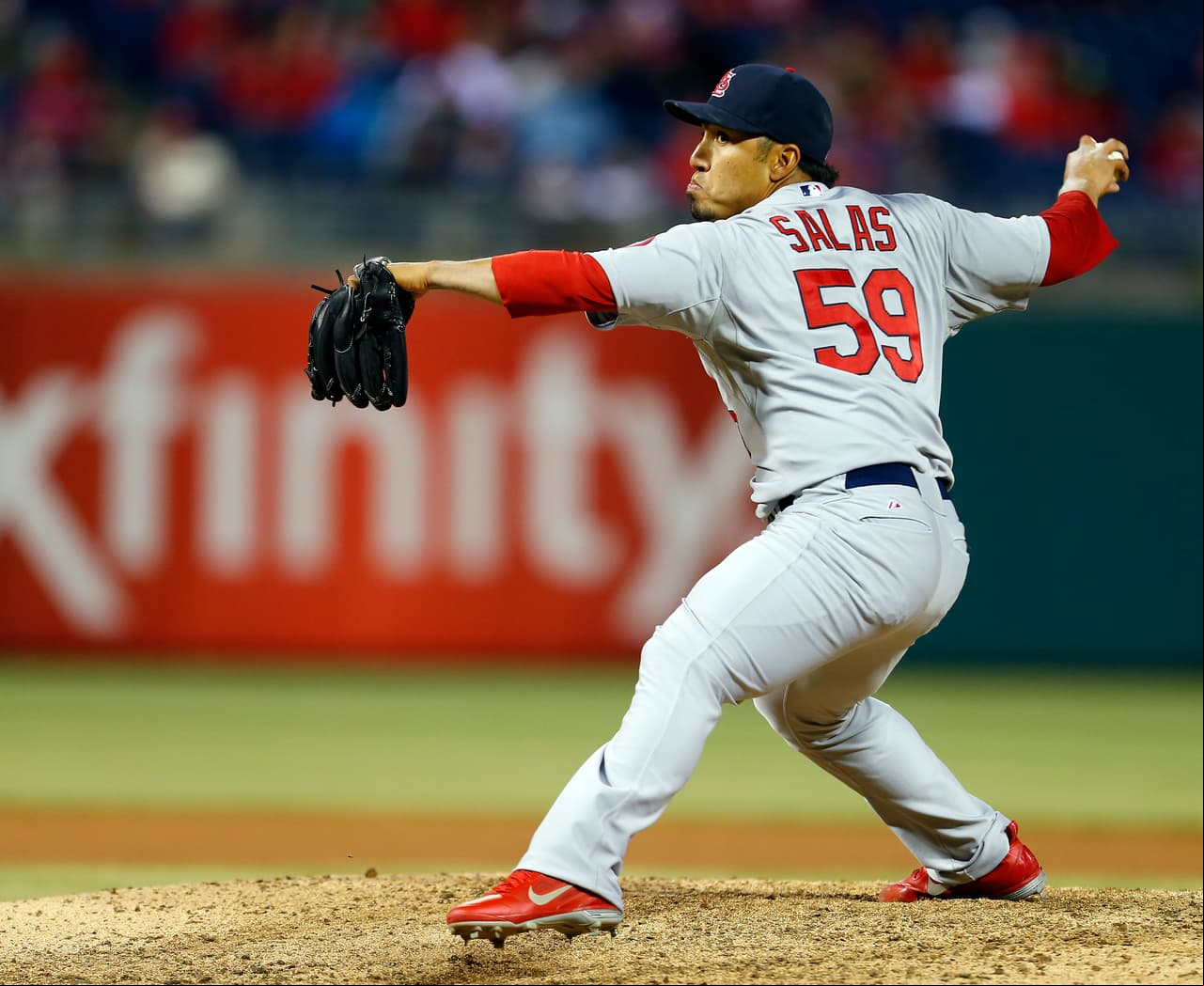 Fernando Salas #59 of the St. Louis Cardinals pitches against the Philadelphia Phillies on April 21, 2013 at Citizens Bank Park in Philadelphia, Pennsylvania. The Phillies defeated the Cardinals 7-3.