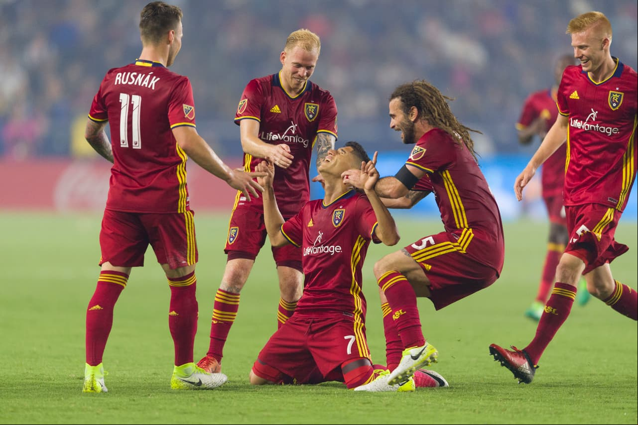 Jul 4, 2017; Carson, CA, USA; Real Salt Lake forward Jefferson Savarino (7) reacts after scoring a goal against LA Galaxy during the second half at StubHub Center. Mandatory Credit: Kelvin Kuo-USA TODAY Sports