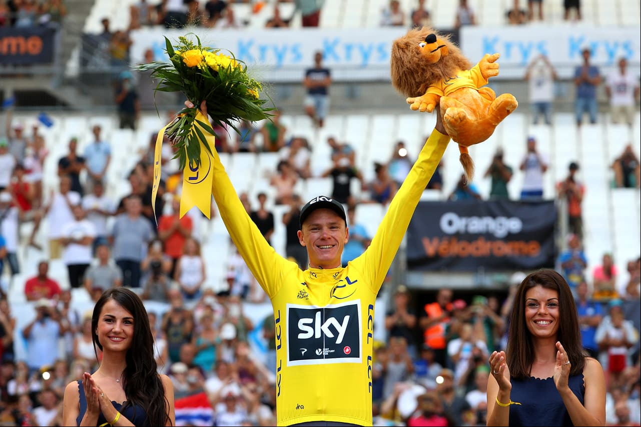 MARSEILLE,  - JULY 22: Chris Froome of Great Britain and Team Sky celebrates in the yellow jersey following stage twenty of Le Tour de  2017 on July 22, 2017 in Marseille, . (Photo by Chris Graythen/Getty Images)
