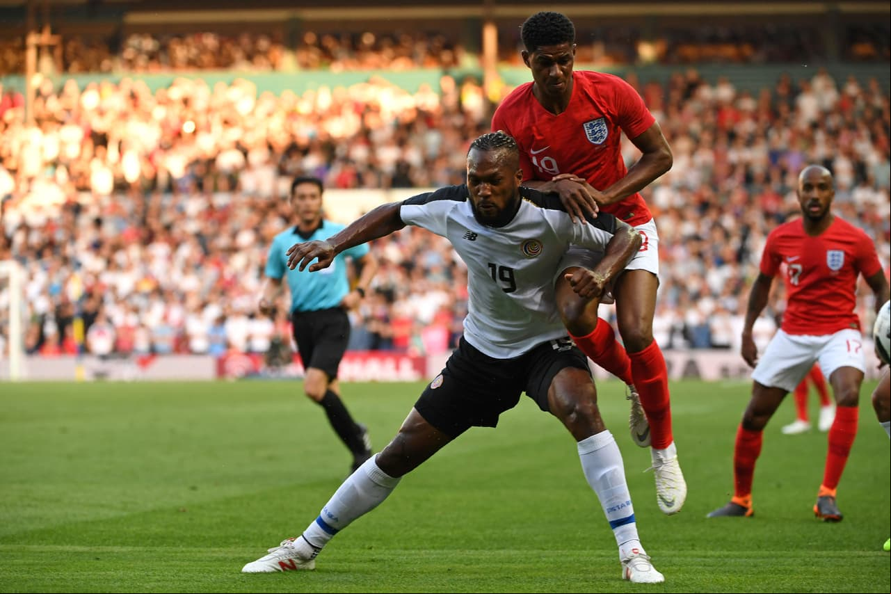 England's striker Marcus Rashford vies with Costa Rica's defender Kendall Waston (L) during the International friendly football match between England and Costa Rica at Elland Road, Leeds in northern England on June 7, 2018. - England won the game 2-0. (Photo by Paul ELLIS / AFP) (Photo credit should read PAUL ELLIS/AFP/Getty Images)