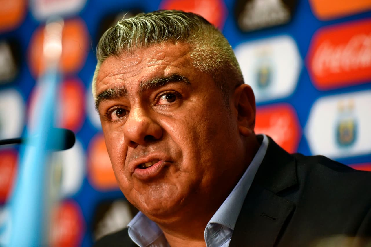 Newly elected President of Argentina's Football Association (AFA), Claudio Tapia, speaks during a press conference in Ezeiza, Buenos Aires on March 29, 2017. / AFP PHOTO / EITAN ABRAMOVICH (Photo credit should read EITAN ABRAMOVICH/AFP/Getty Images)