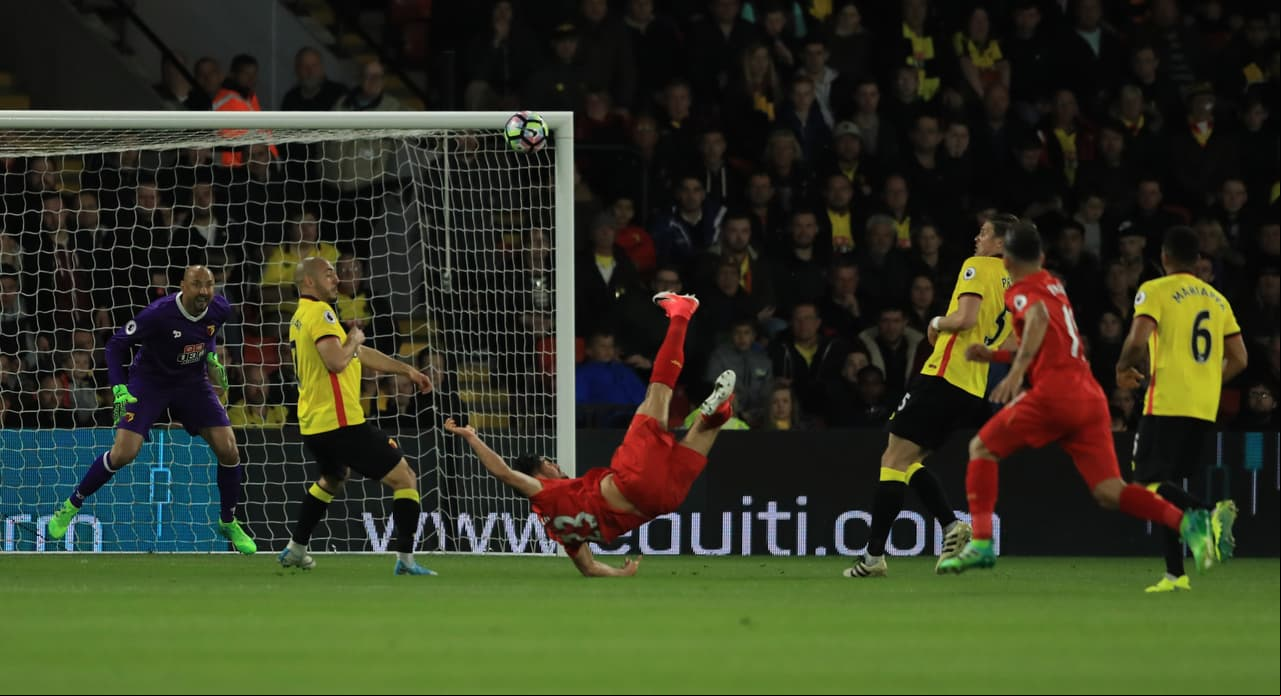 WATFORD, ENGLAND - MAY 01: Emre Can of Liverpool scores the opening goal during the Premier League match between Watford and Liverpool at Vicarage Road on May 1, 2017 in Watford, England. (Photo by Richard Heathcote/Getty Images)