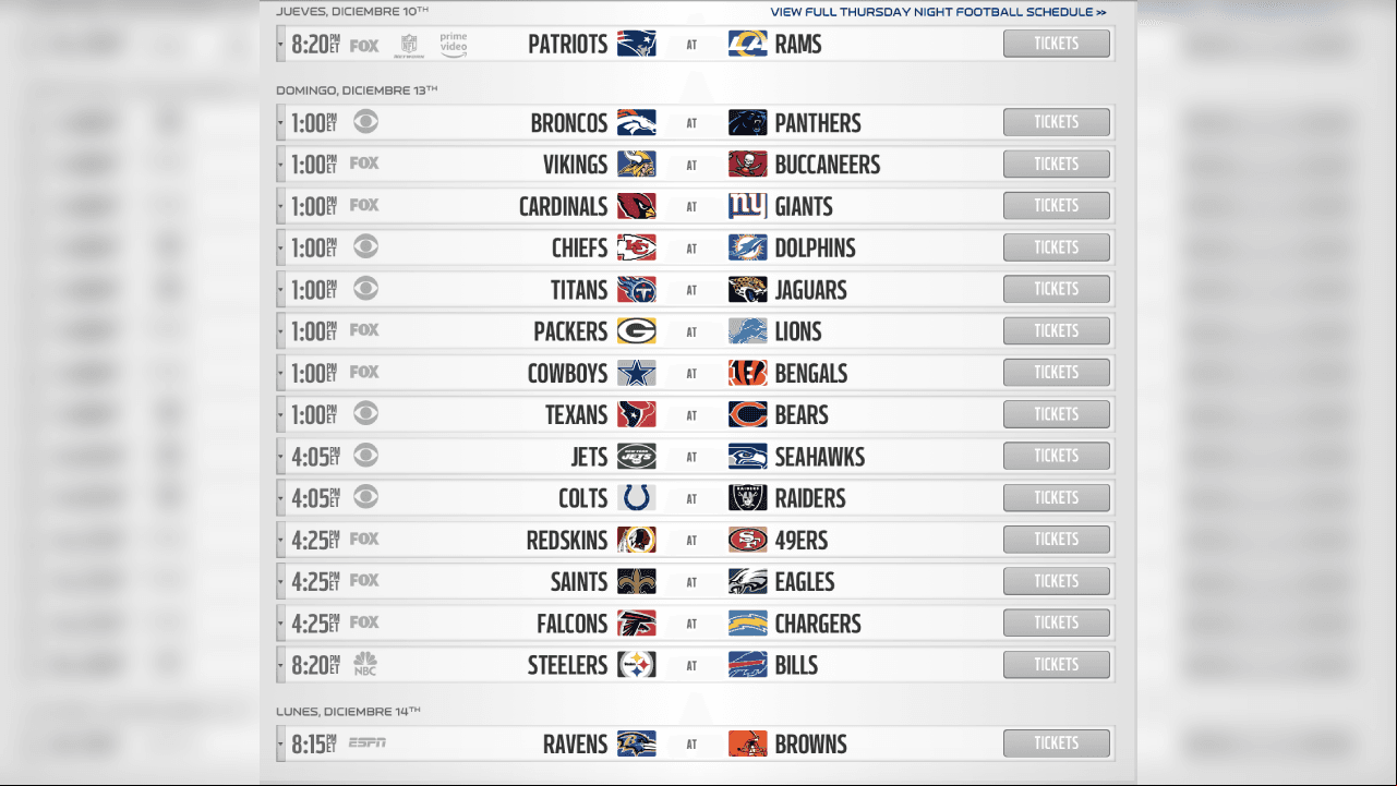 <b>SEMANA 14</b>
<br>- Ya no descansa ningun equipo
<br>- Patriots visitarán Los Angeles ante los Rams en revancha del Super Bowl LIII.