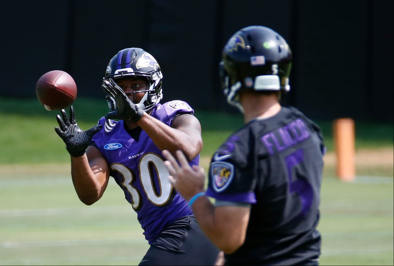 Baltimore Ravens running back Kenneth Dixon catches a  from quarterback Joe Flacco during NFL football minicamp at the team's practice facility in Owings Mills, Md., Thursday, June 15, 2017. (AP Photo/Patrick Semansky)