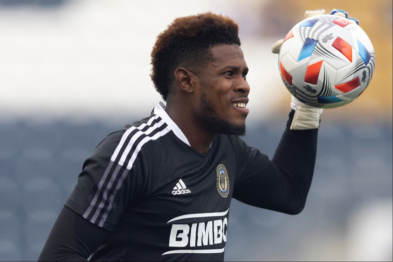 Aug 1, 2021; Chester, Pennsylvania, USA; Philadelphia Union goalkeeper Andre Blake (18) looks on prior to the match against the Chicago Fire at Subaru Park. Mandatory Credit: Mitchell Leff-USA TODAY Sports