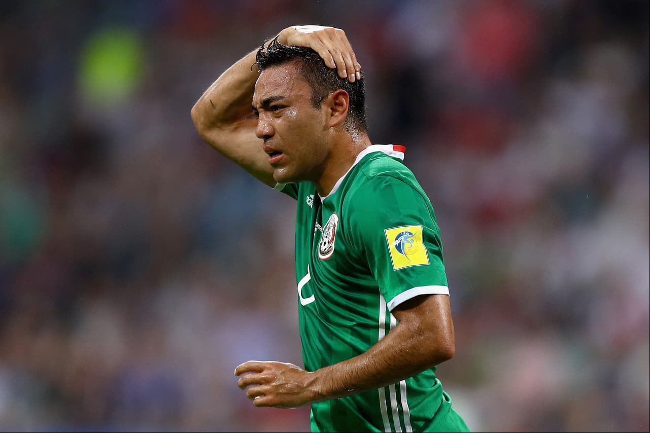 SOCHI, RUSSIA - JUNE 29: Marco Fabian of Mexico reacts during the FIFA Confederations Cup Russia 2017 Semi-Final between  and Mexico at Fisht Olympic Stadium on June 29, 2017 in Sochi, Russia. (Photo by Buda Mendes/Getty Images)