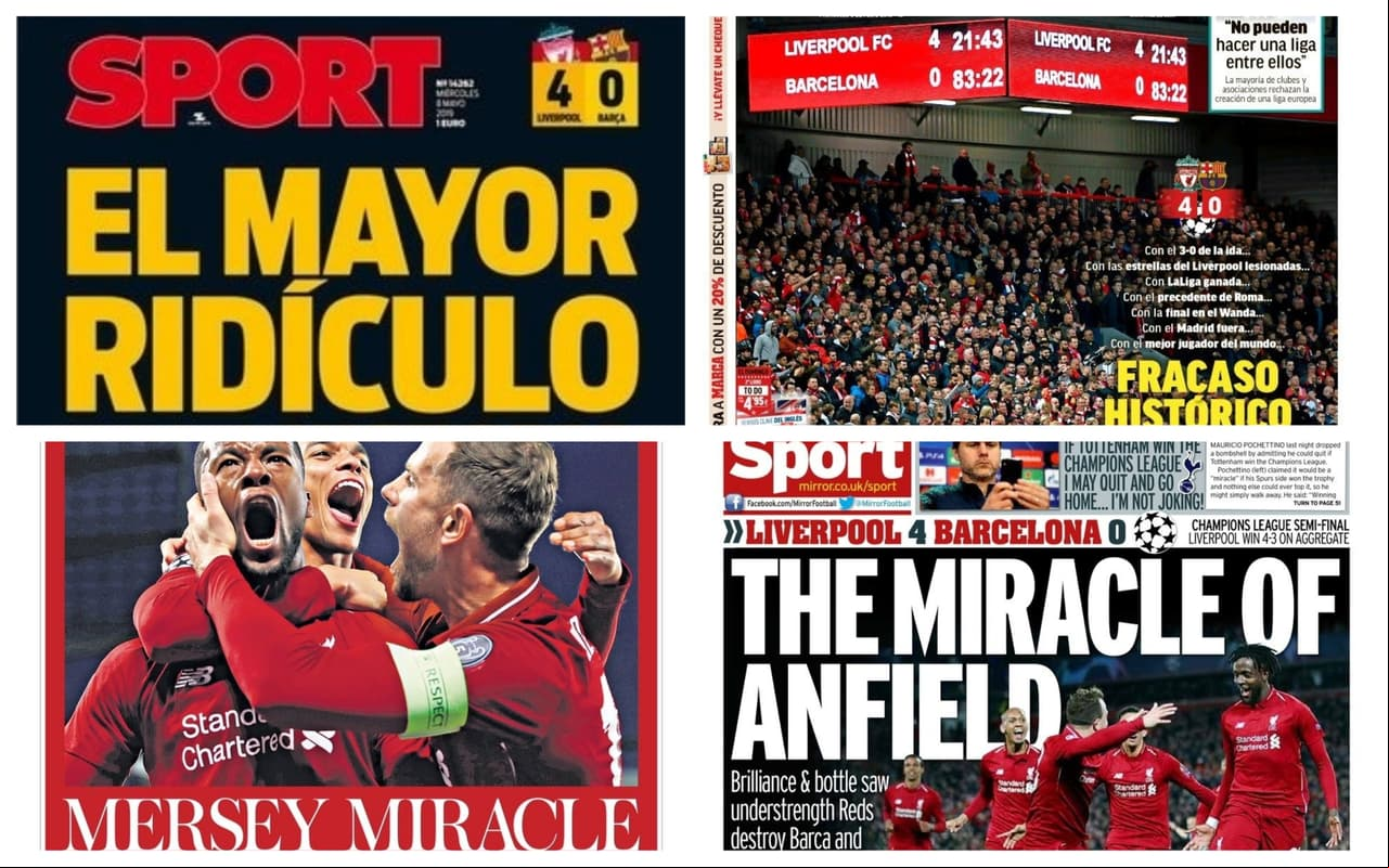 Luego de la goliza por 4-0 del Liverpool al Barcelona en la Vuelta de Semifinales de la Liga de Campeones de la UEFA, las reacciones de la prensa europea no se hicieron esperar. Les compartimos lo mejor a este respecto.